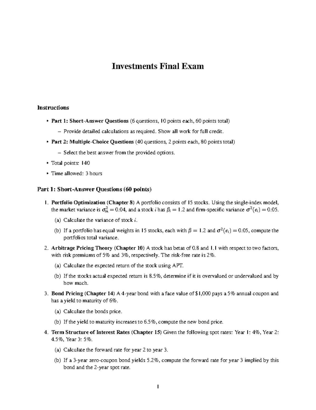 Investments FIN 301 Final Exam Instructions & Questions - Studocu