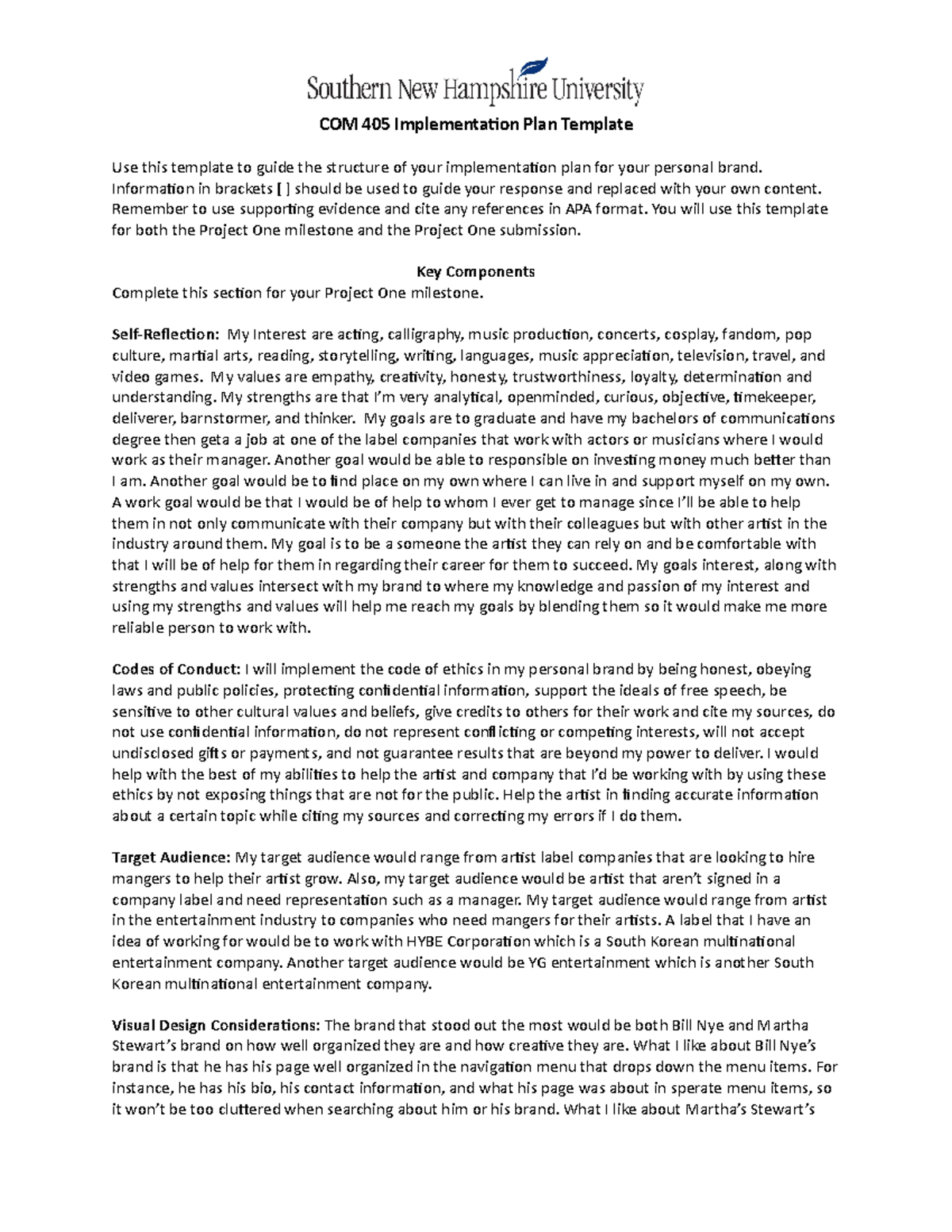 COM 405 Personal Brand Implementation Plan Template and Guide - Studocu