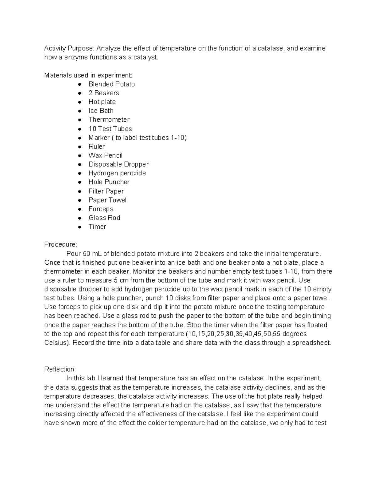 BIO 101: Final Lab Summary on Catalase Activity and Temperature Effects ...