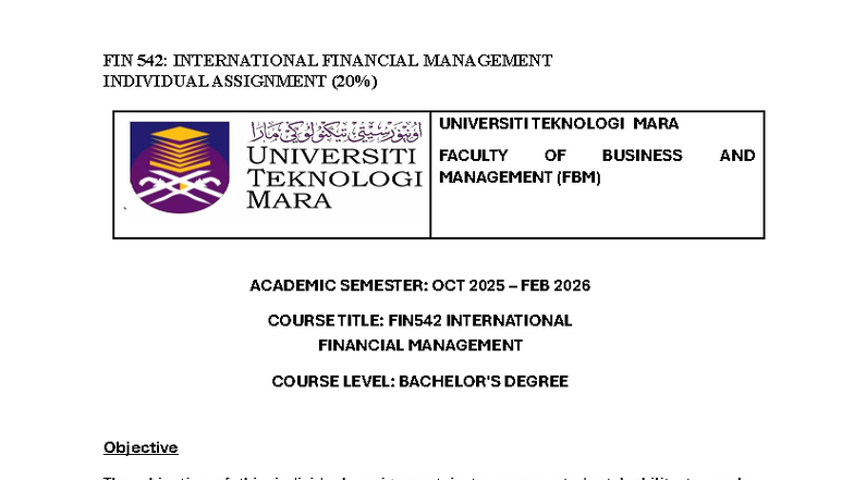 FIN 542: Individual Assignment on Intl Financial Management (SEM20254 ...