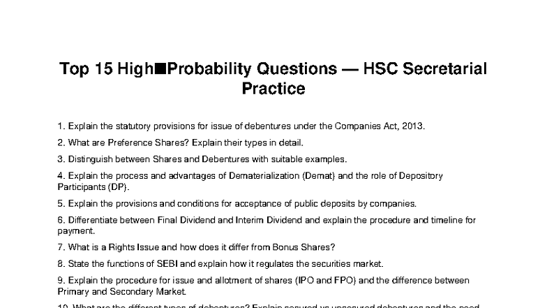 Top 15 HSC Secretarial Practice Questions for Exam Preparation - Studocu