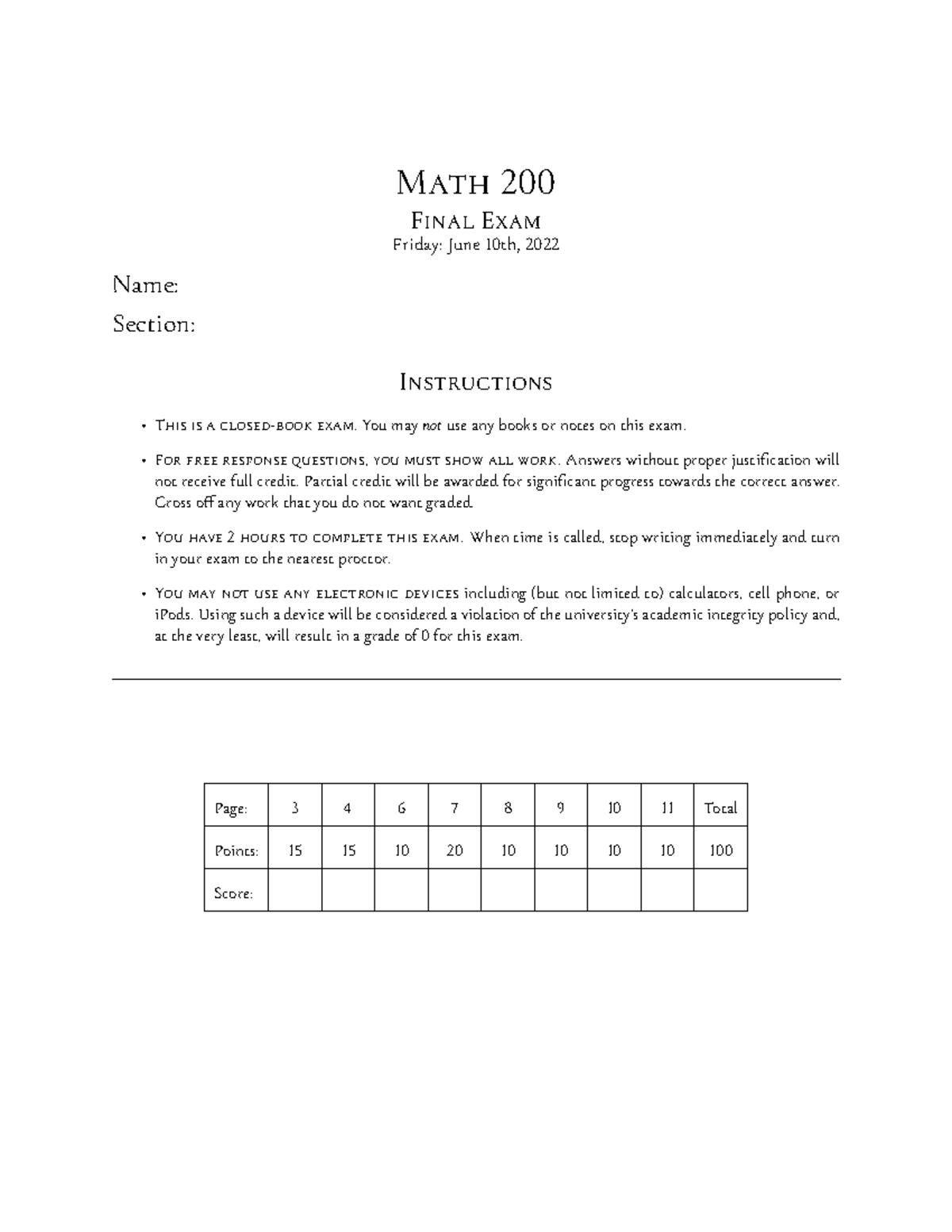 Math 200 Final Exam Solutions - June 10, 2022 - Studocu