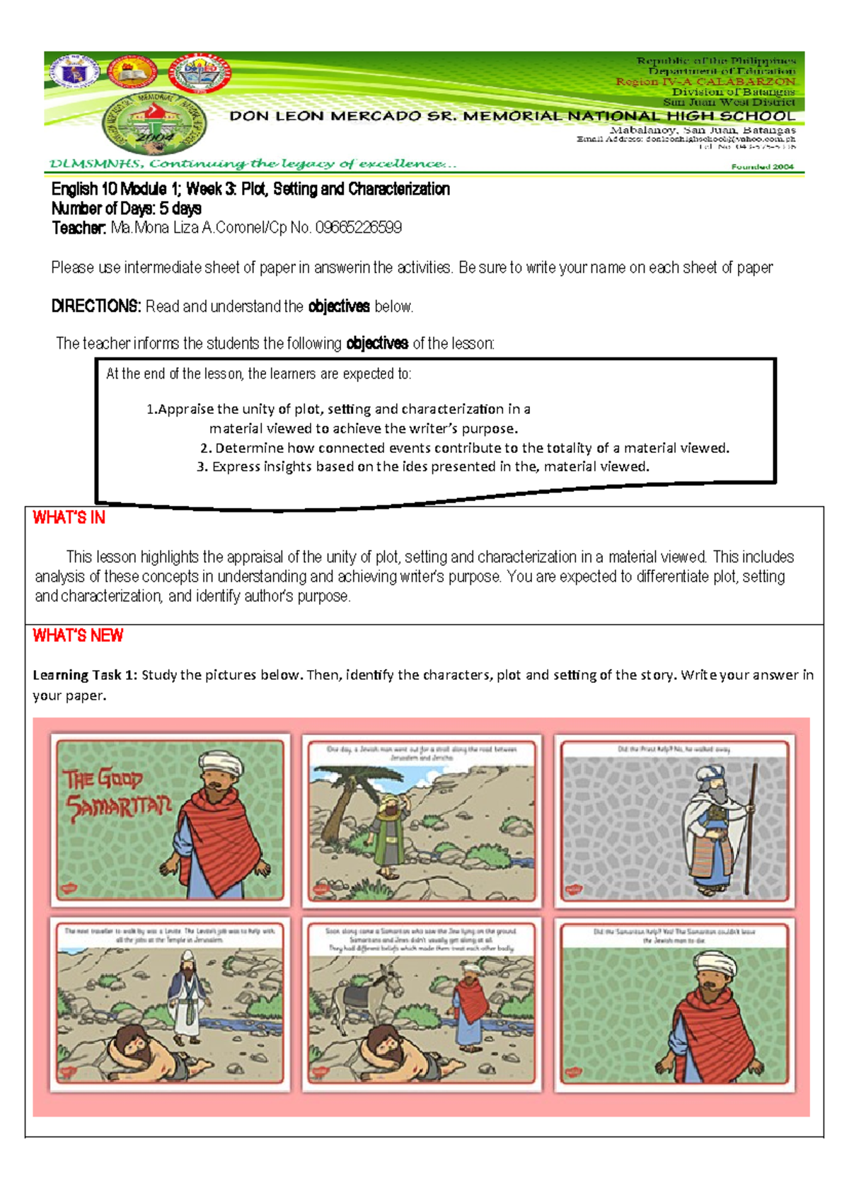 English 10 Module Wk 3: Analyzing Plot, Setting & Characterization ...