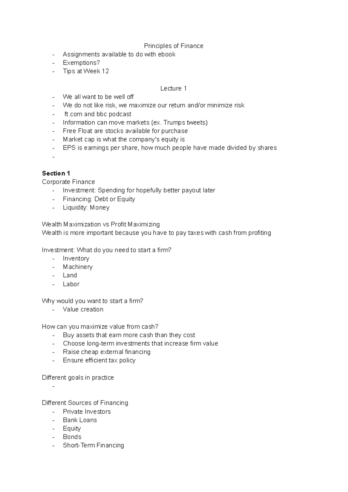 FIN 101: Principles of Finance Lecture Notes and Key Concepts - Studocu