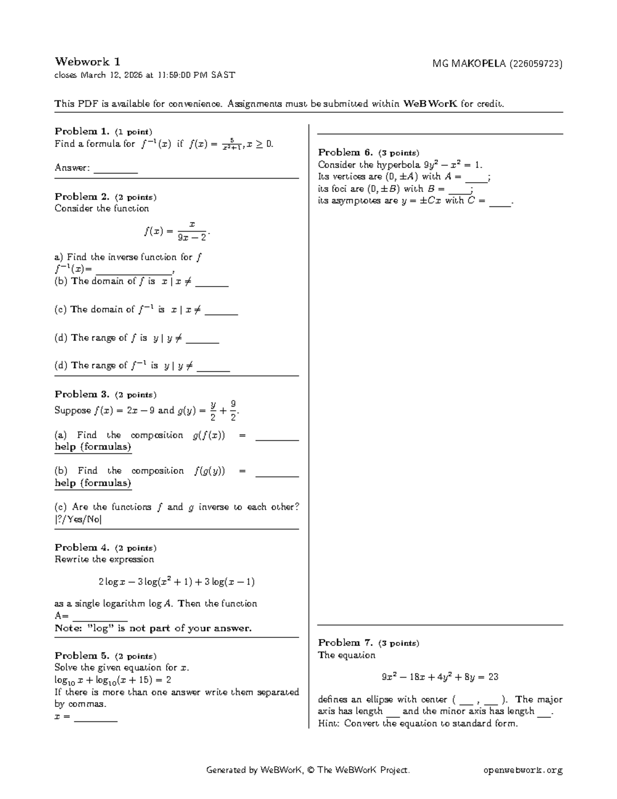 MATE1A1 2026 - Webwork Assignment Problems and Solutions - Studocu