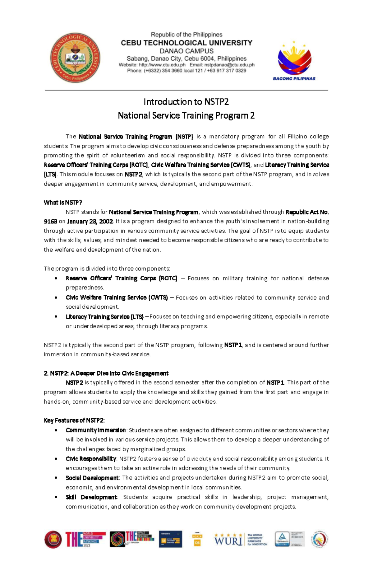 Introduction to NSTP2: Civic Engagement and Community Service - Studocu