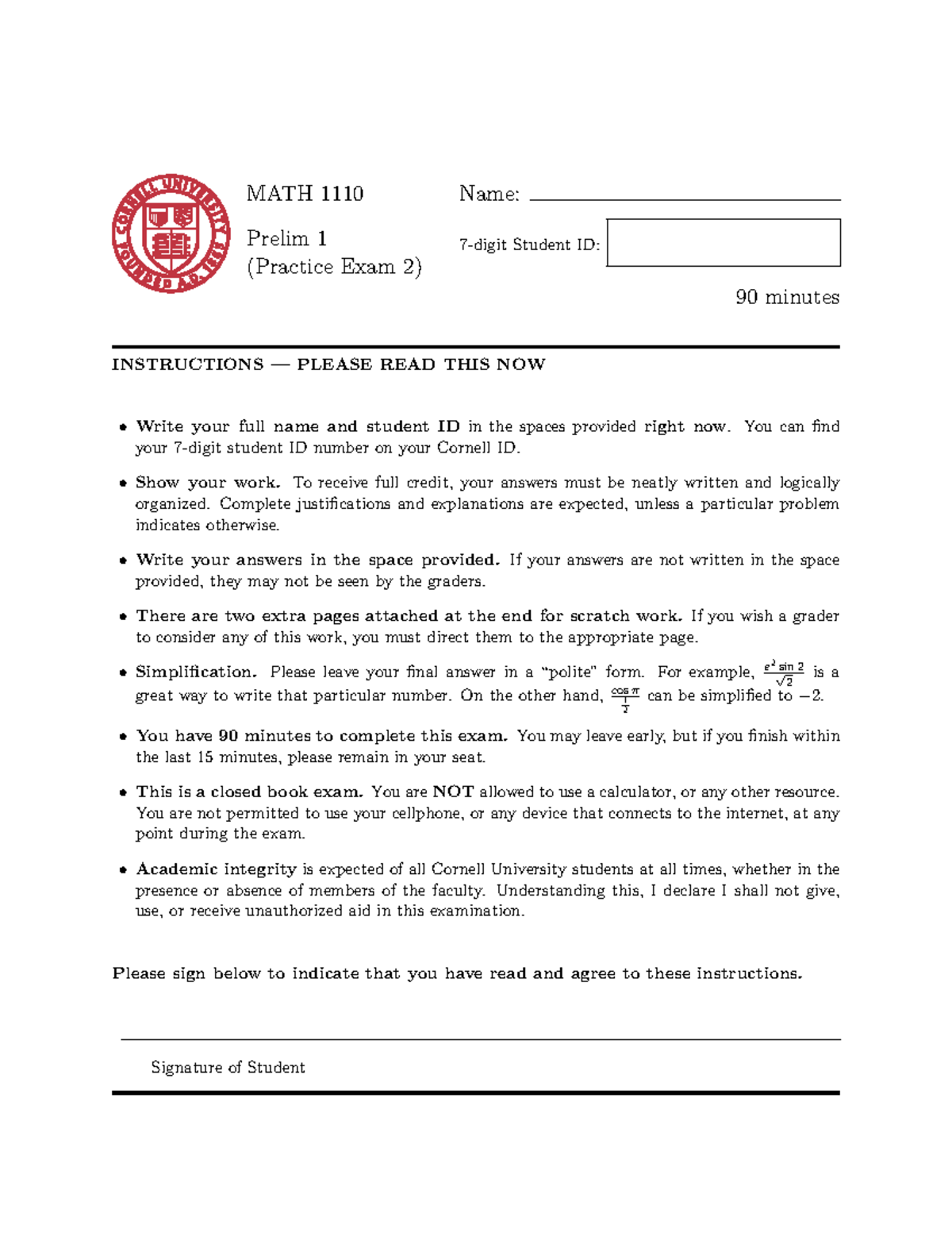 Prelim 1 Practice Exam MATH 1110 - MATH 1110 Prelim 1 (Practice Exam 2 ...