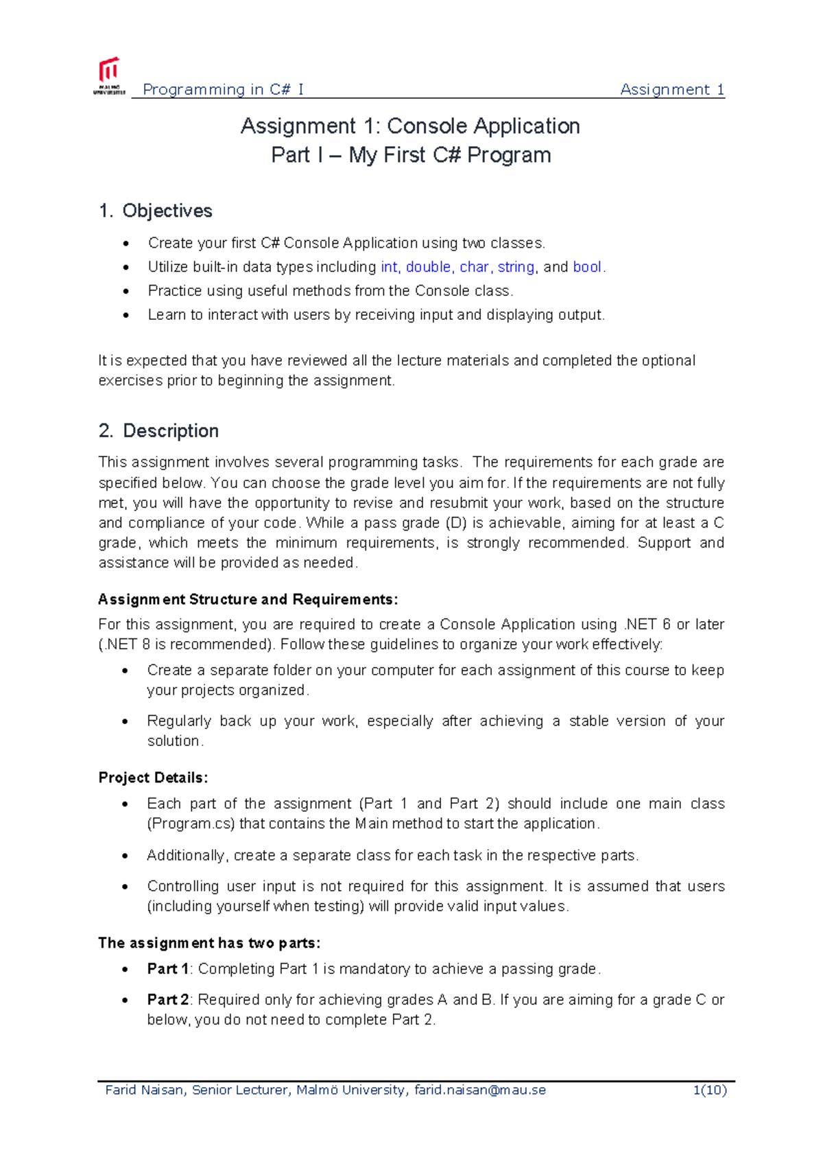 Programming in I (VT25) - Assignment 1: Console Application Basics ...