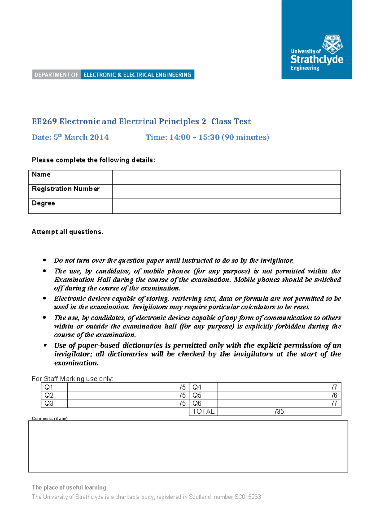 EE269 Electronic and Electrical Principles 2 Class Test - March 5, 2014 ...