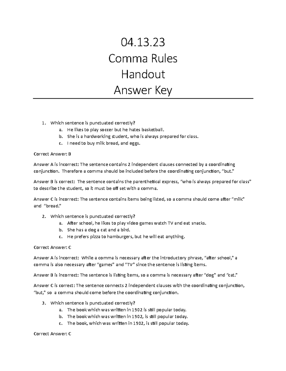 Comma Rules Answer Key (ENG101) - Correct Usage Explained - Studocu