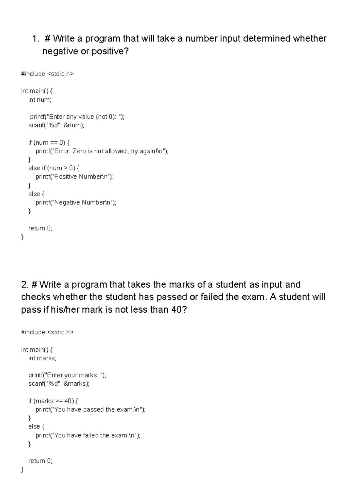 C Programming Practice: Positive/Negative & Other Programs - Studocu