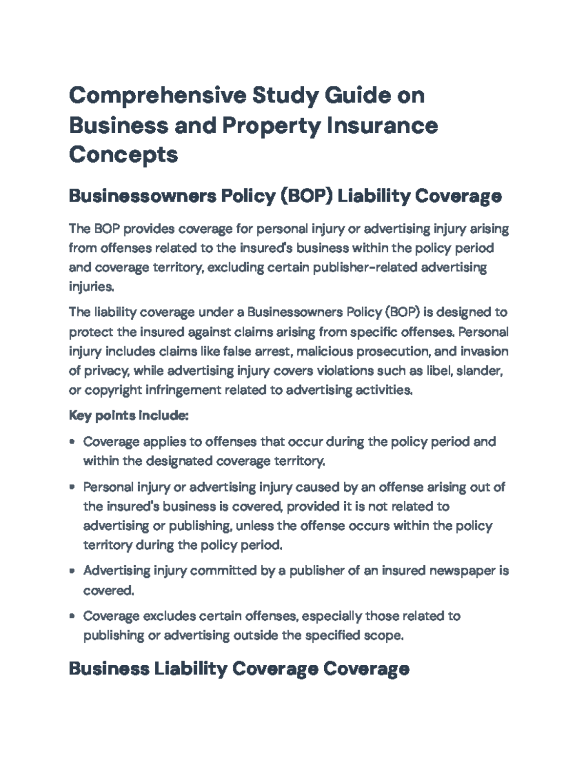 Comprehensive Study Guide: Business & Property Insurance Concepts (BOP ...