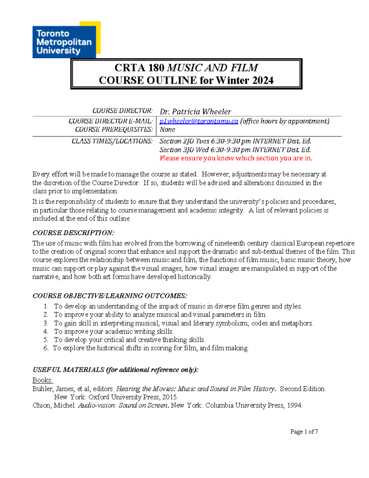 CRTA 180 Winter 2024 Music and Film Course Outline - Studocu
