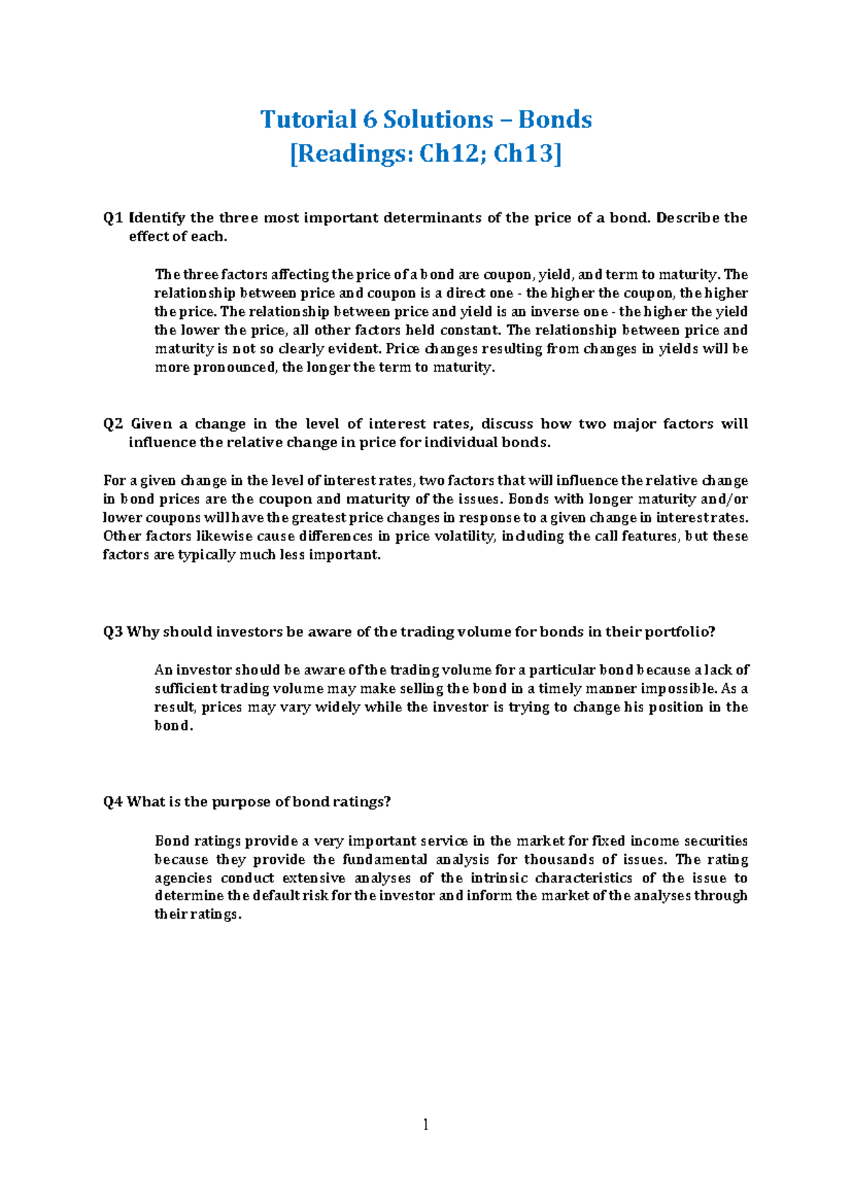 BFC5935 - Tutorial 6 Solutions: Key Factors Affecting Bond Prices - Studocu