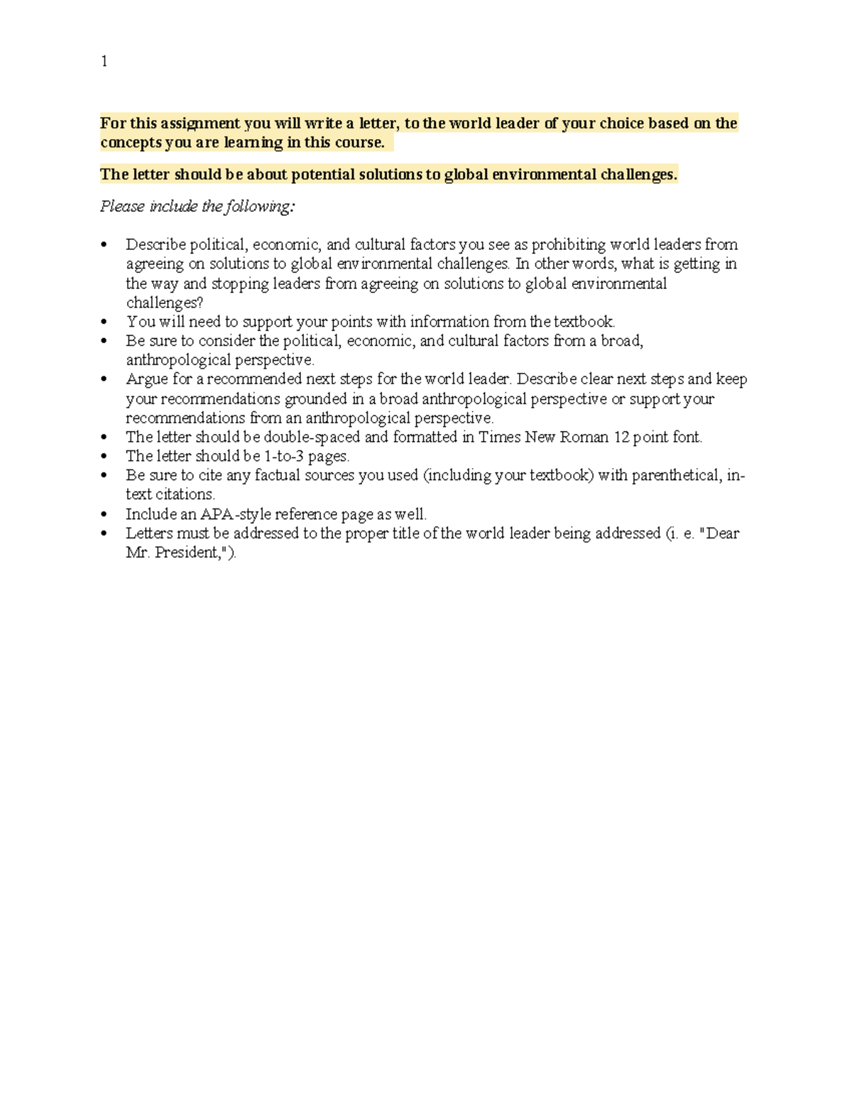 World Leader Letter - ANT 300: Cultural Anthropology Essay - Studocu