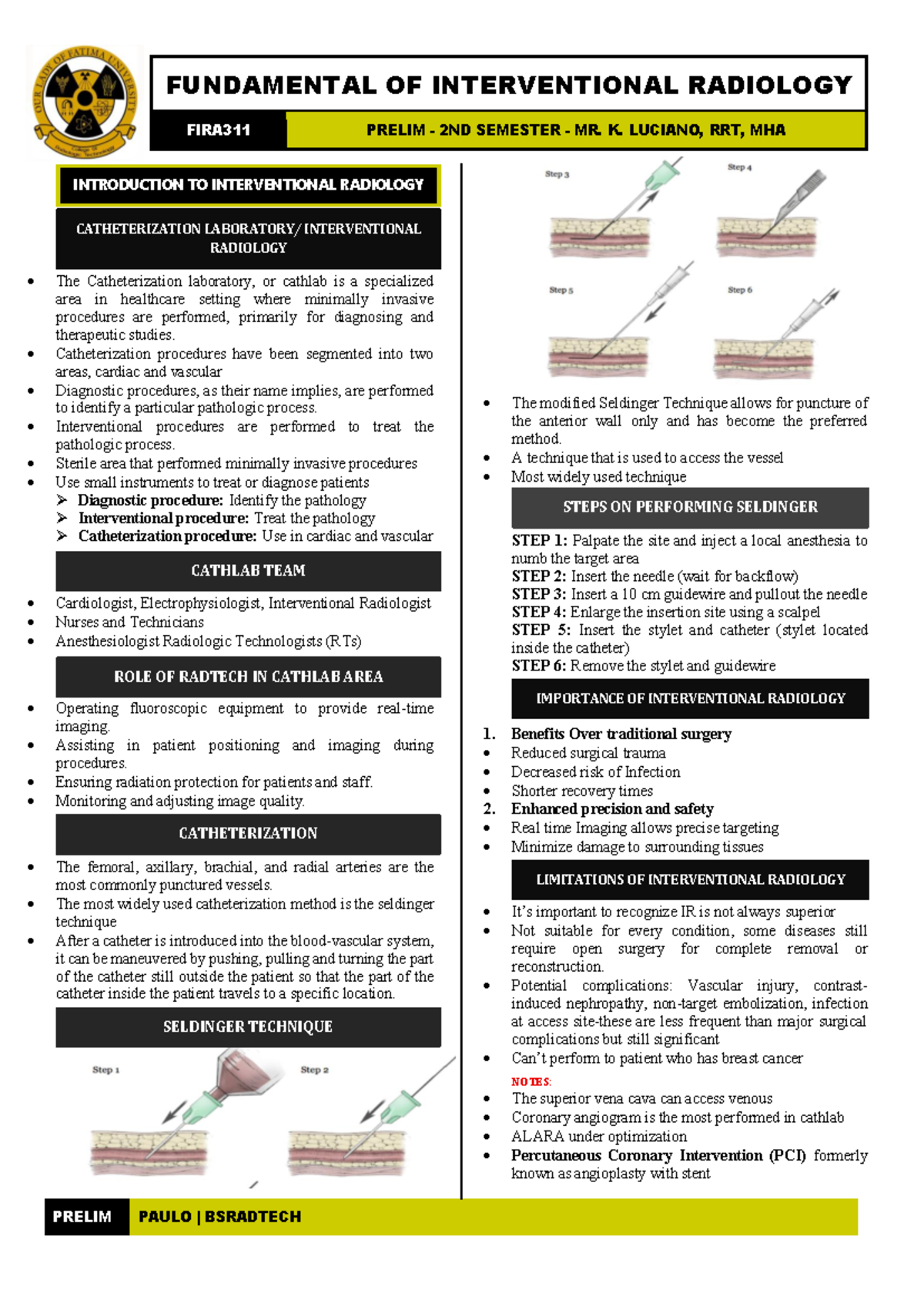 FIRA311 Interventional Radiology: Prelim Notes for 2nd Semester - Studocu