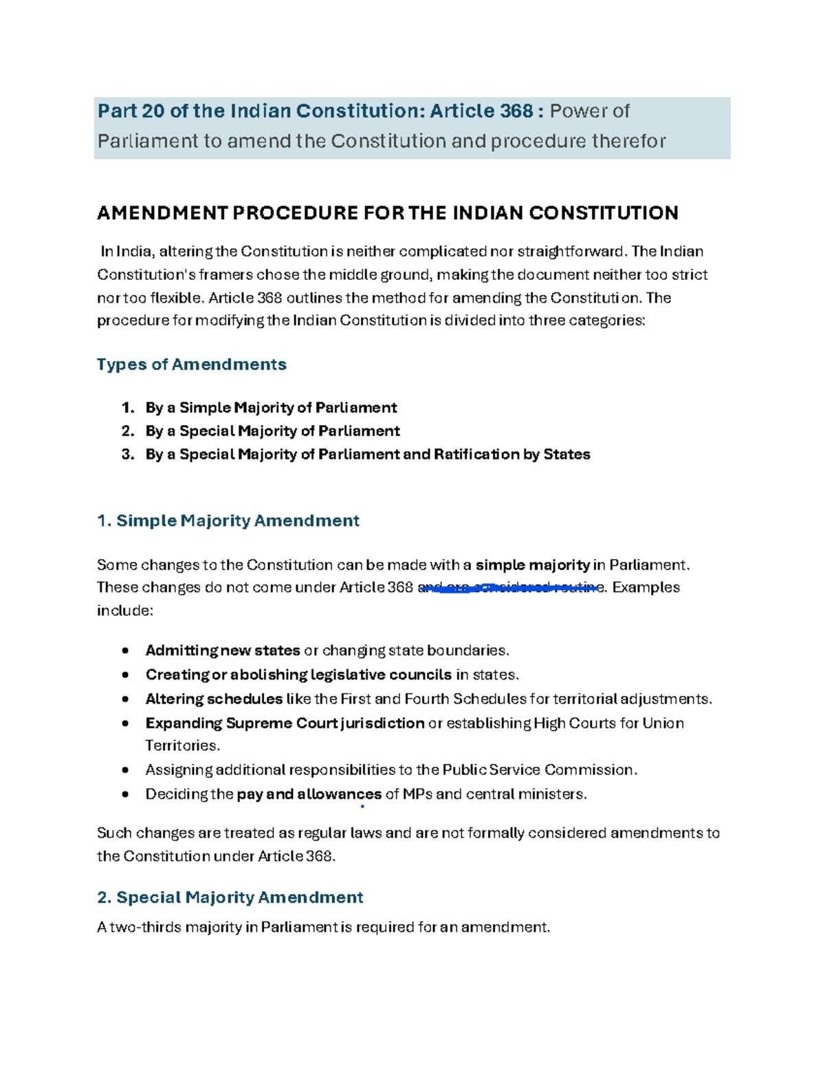 Indian Constitution Amendments: Article 368 Notes and Procedures - Studocu