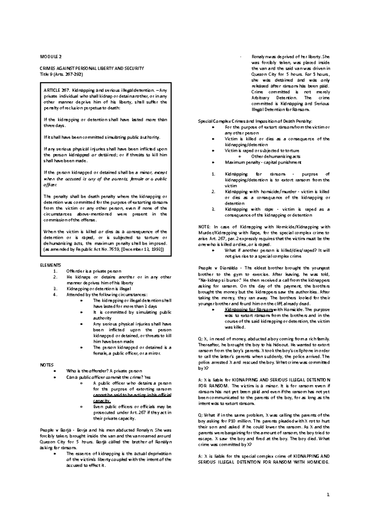 Crim 2 Module 2 notes - Google Docs - MODULE 2 CRIMES AGAINST PERSONAL ...