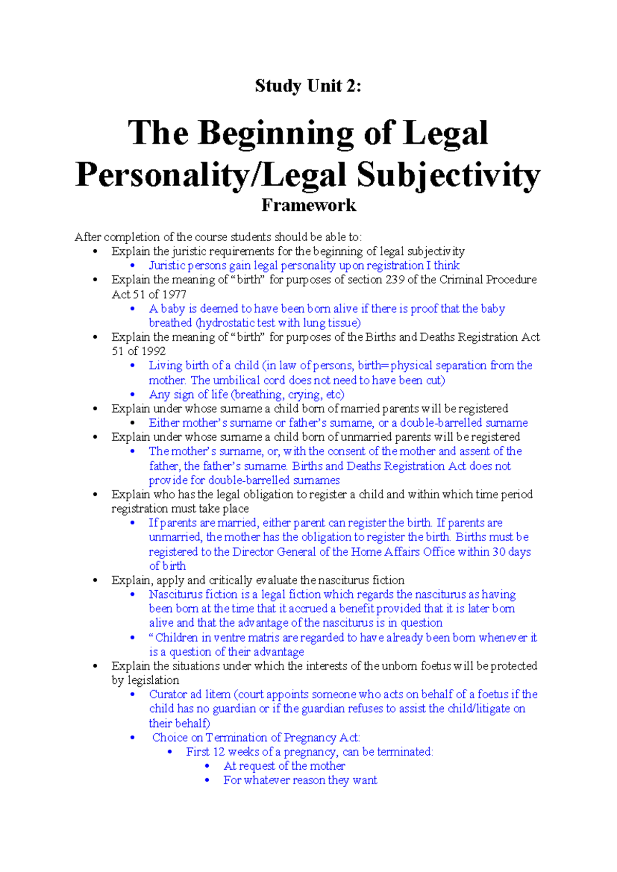 Study Unit 2 Law of Persons - Study Unit 2: The Beginning of Legal ...