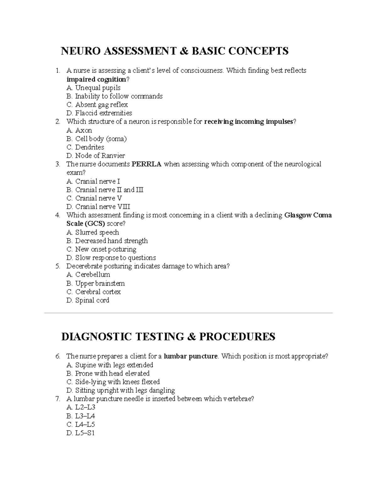 NEURO ASSESSMENT: KEY CONCEPTS AND PRIORITY QUESTIONS - Studocu