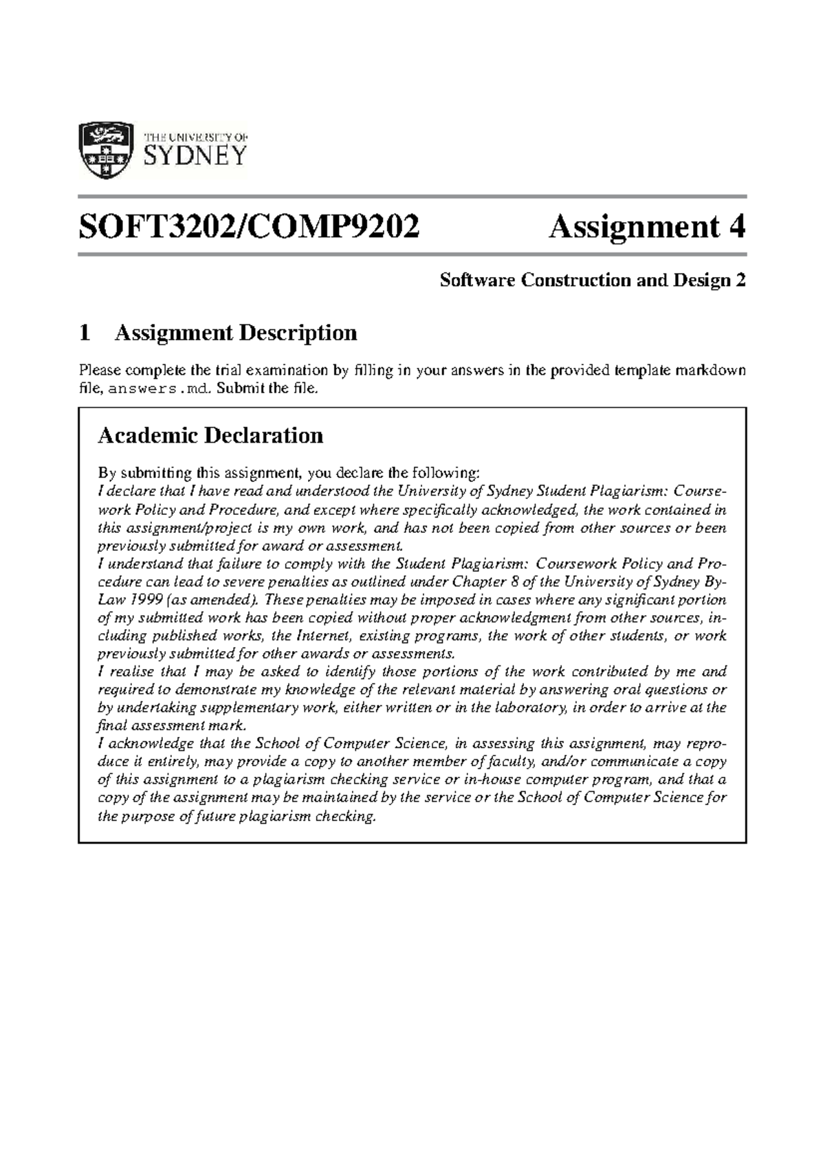 Soft3202 Assignment 4: Software Construction & Design Trial Exam Guide ...