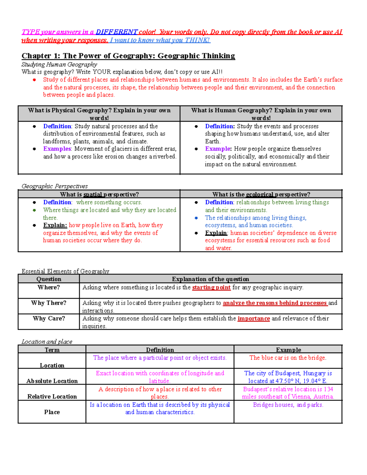 Unit 1 Reading Guide: Nat Geo Geography Insights (Ch. 1 & 2) - Studocu