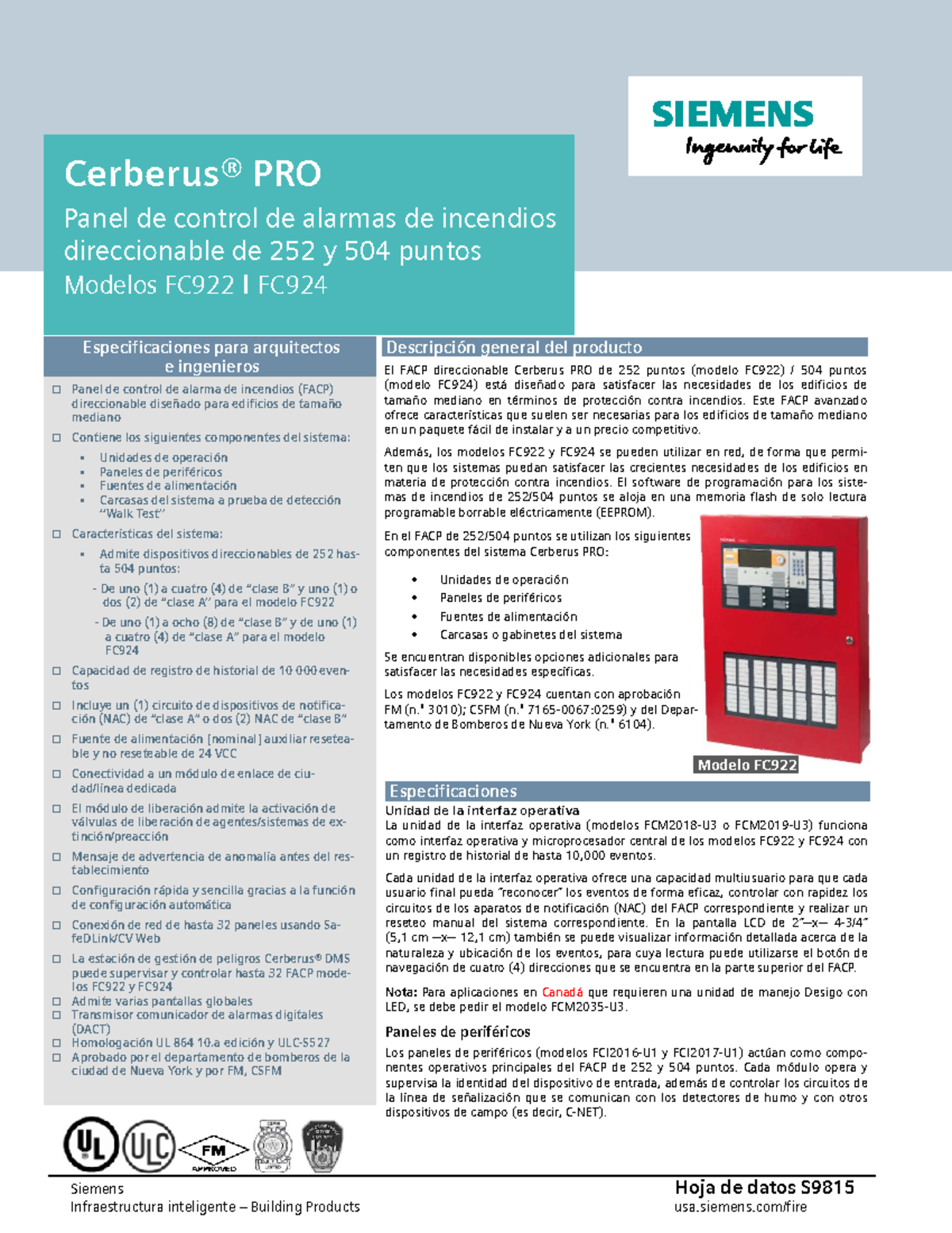 Especificaciones del Panel de Control de Alarmas Cerberus PRO FC922 y ...