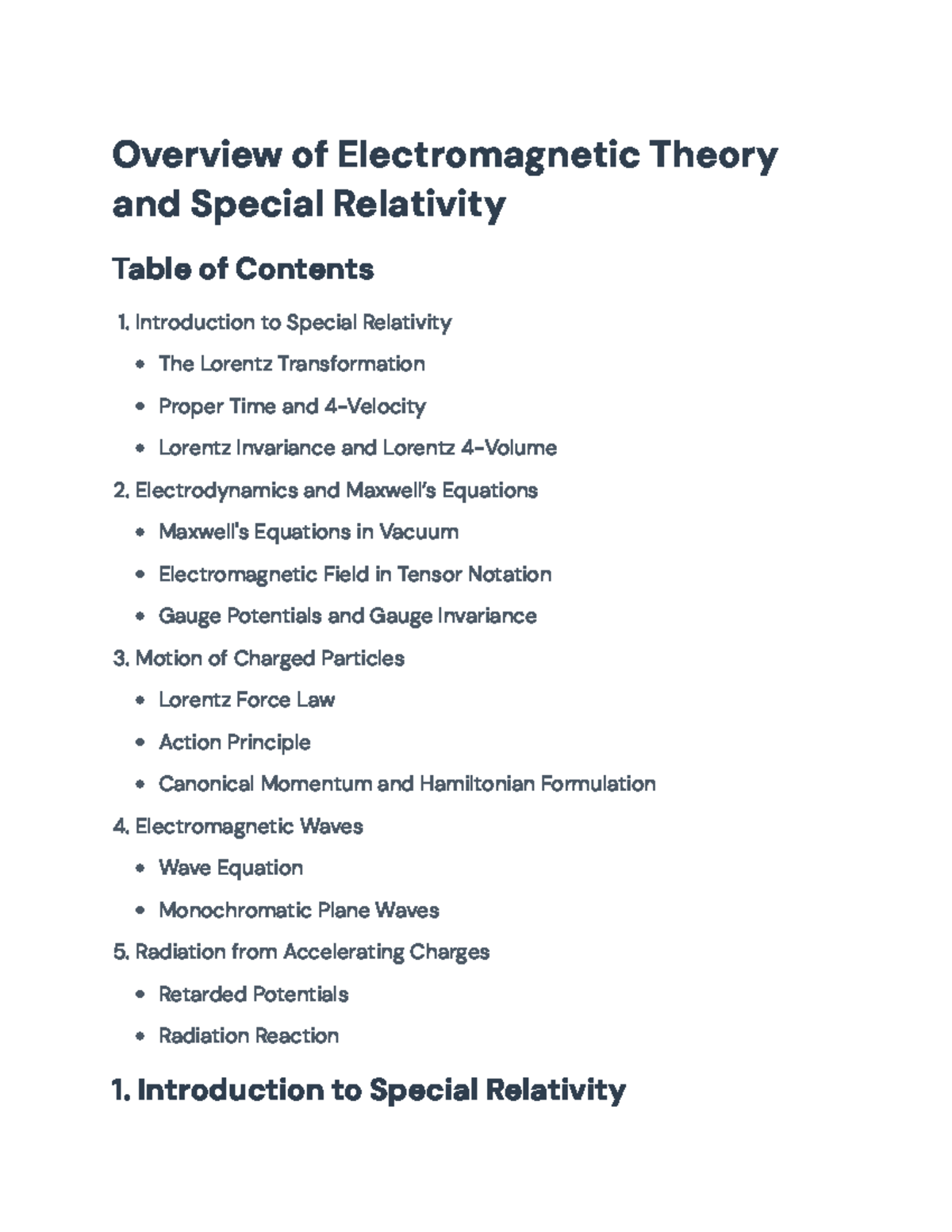 Electromagnetic Theory and Special Relativity Overview: Key Concepts ...