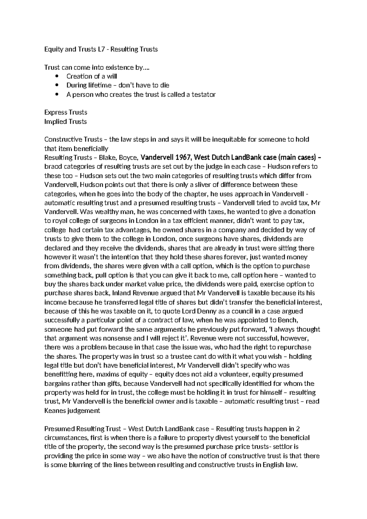 Equity and Trusts L7 - Lecture notes - Equity and Trusts L7 - Resulting ...