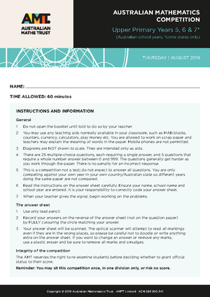 Upper Primary Division AMC 2018 Competition Instructions and Questions ...