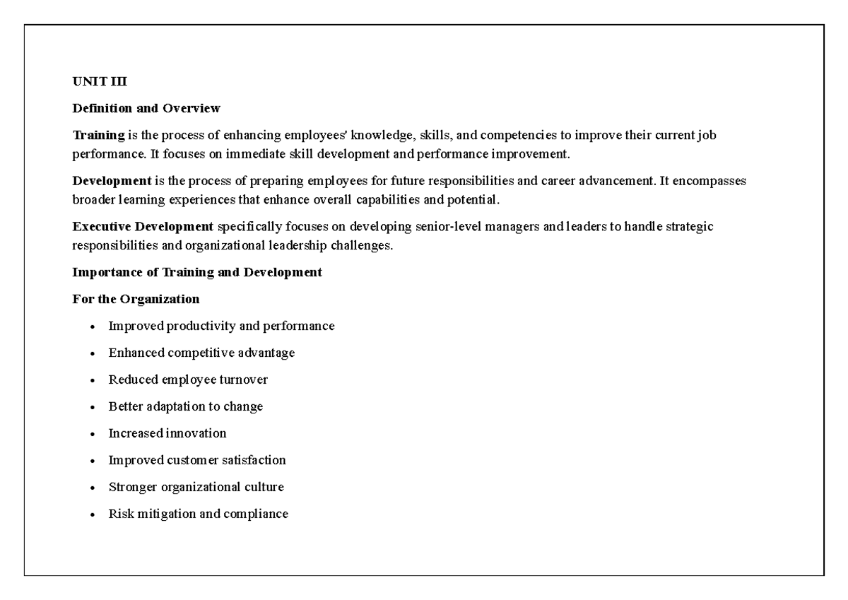 Unit 3: Training and Development Overview in HR Management - Studocu
