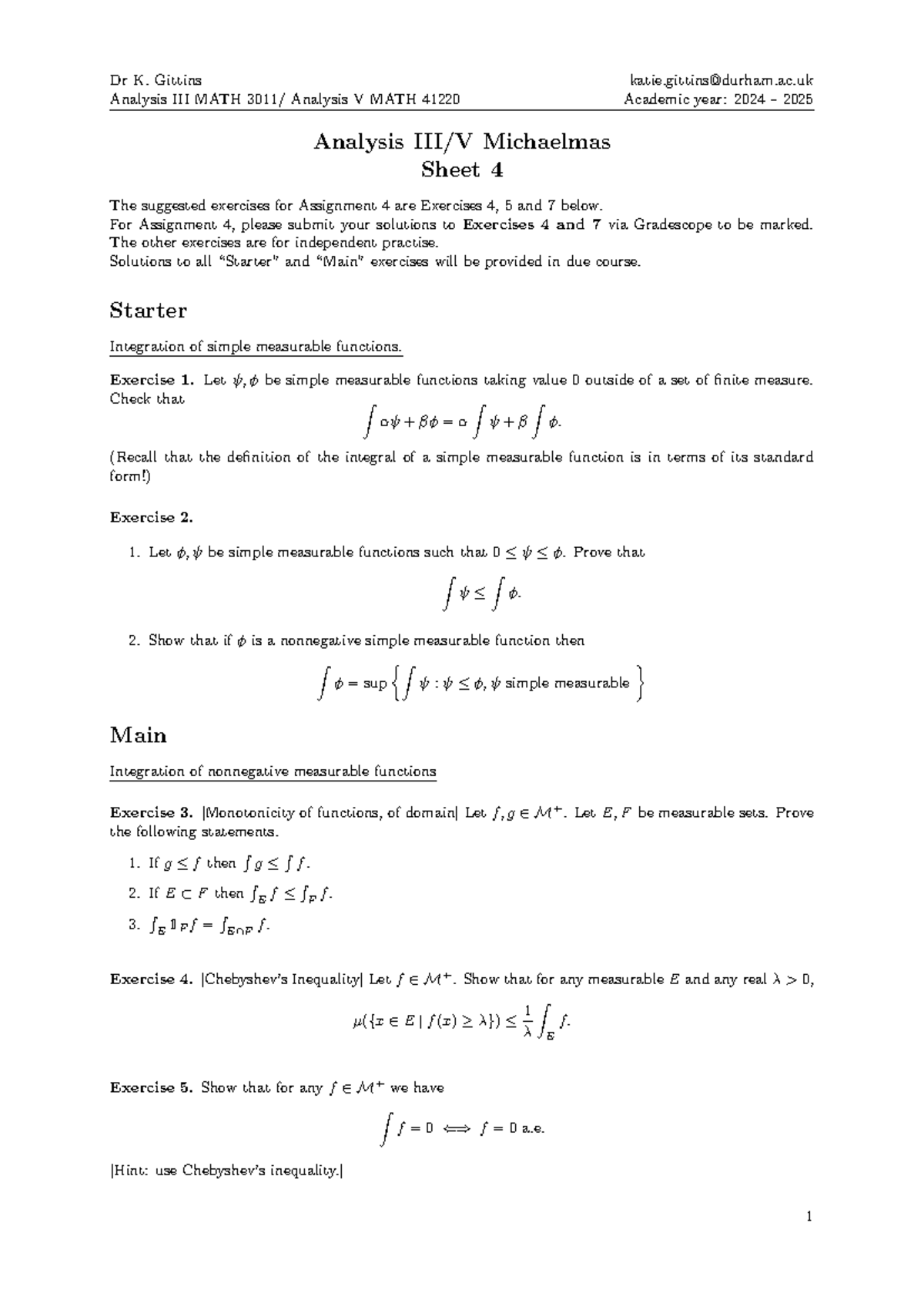 Analysis III/V Sheet 4-2: Lebesgue Integration Exercises (MATH 3011/ ...