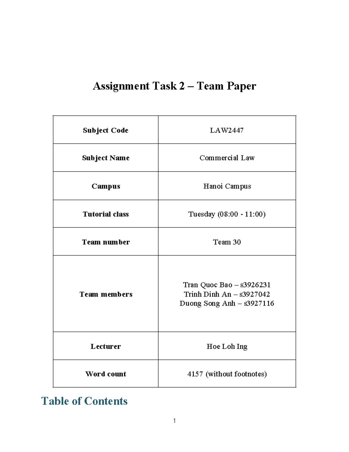 ASM 2 (27.6 40) - cr dont copy - Assignment Task 2 – Team Paper Table ...