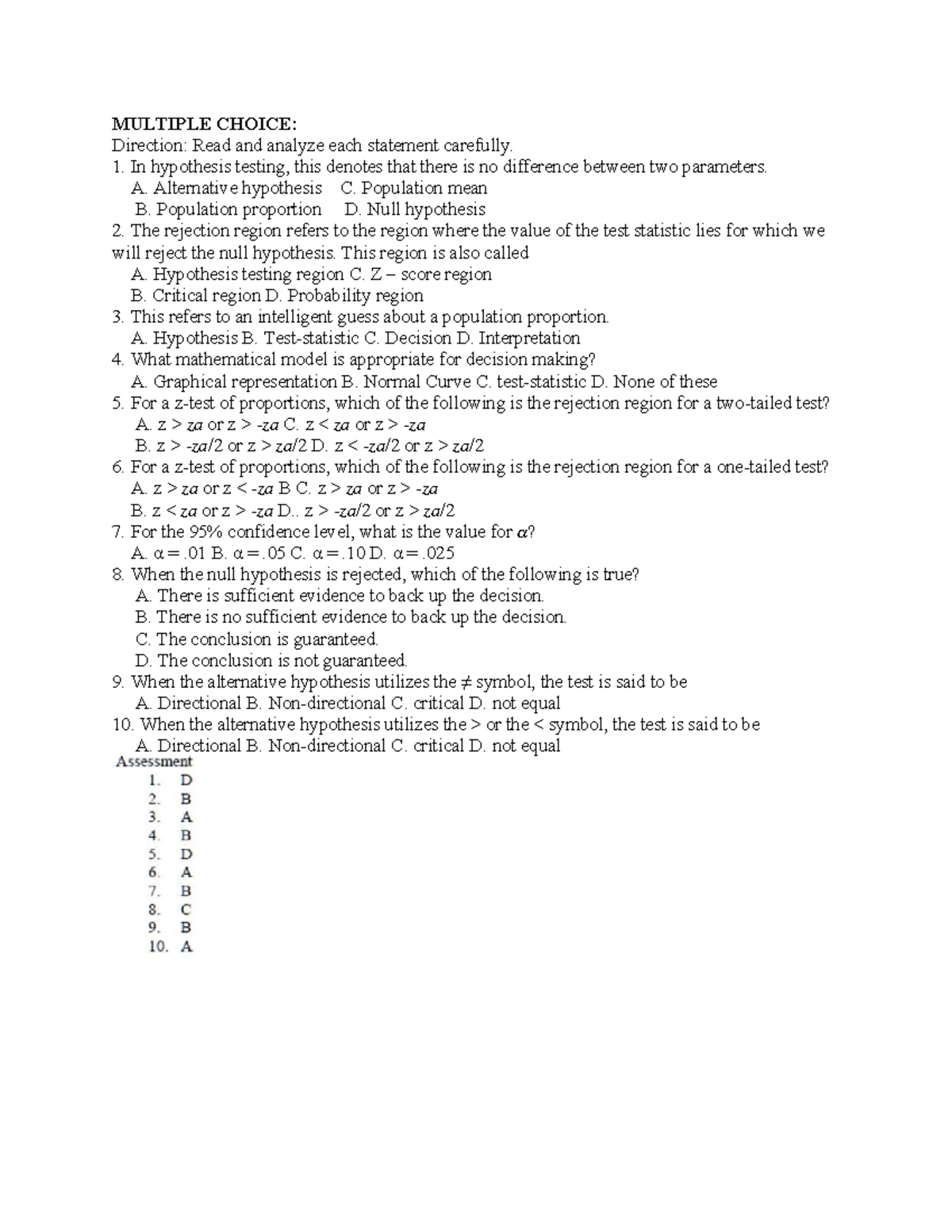 MULTIPLE CHOICE: Hypothesis Testing Concepts (Course Code: STAT101 ...
