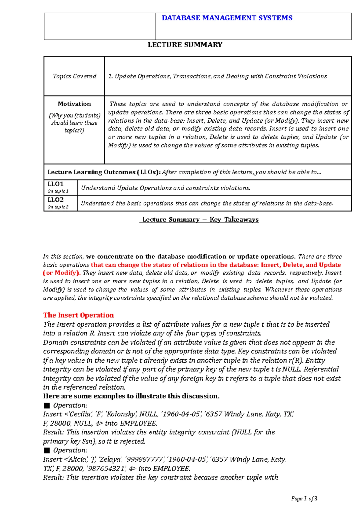 SQL Data definition and data types, Specifying constraints in SQL ...