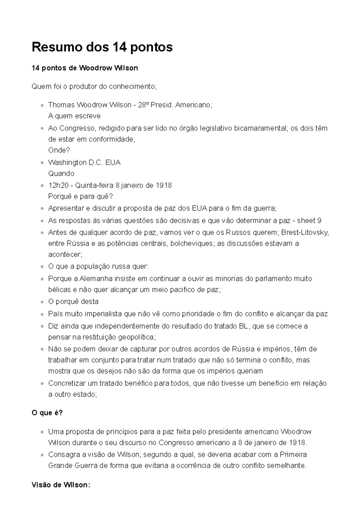 Resumo dos 14 Pontos de Wilson: Proposta de Paz para o Fim da Guerra ...