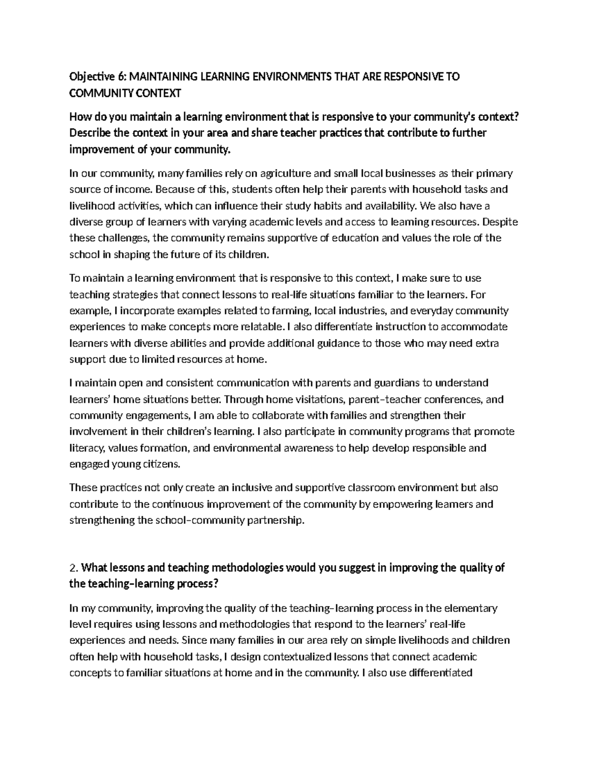 Objective 6: Maintaining Responsive Learning Environments in Community ...