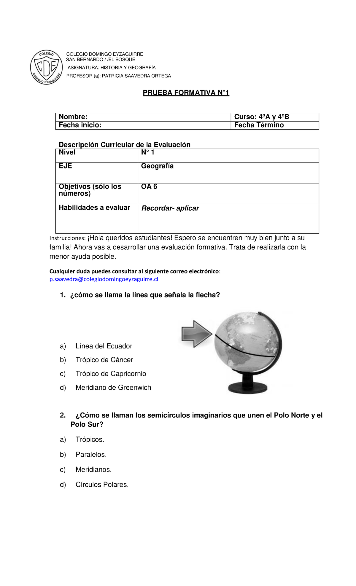 Prueba Formativa Historia 4° Básico - Evaluación de Geografía - Document Preview