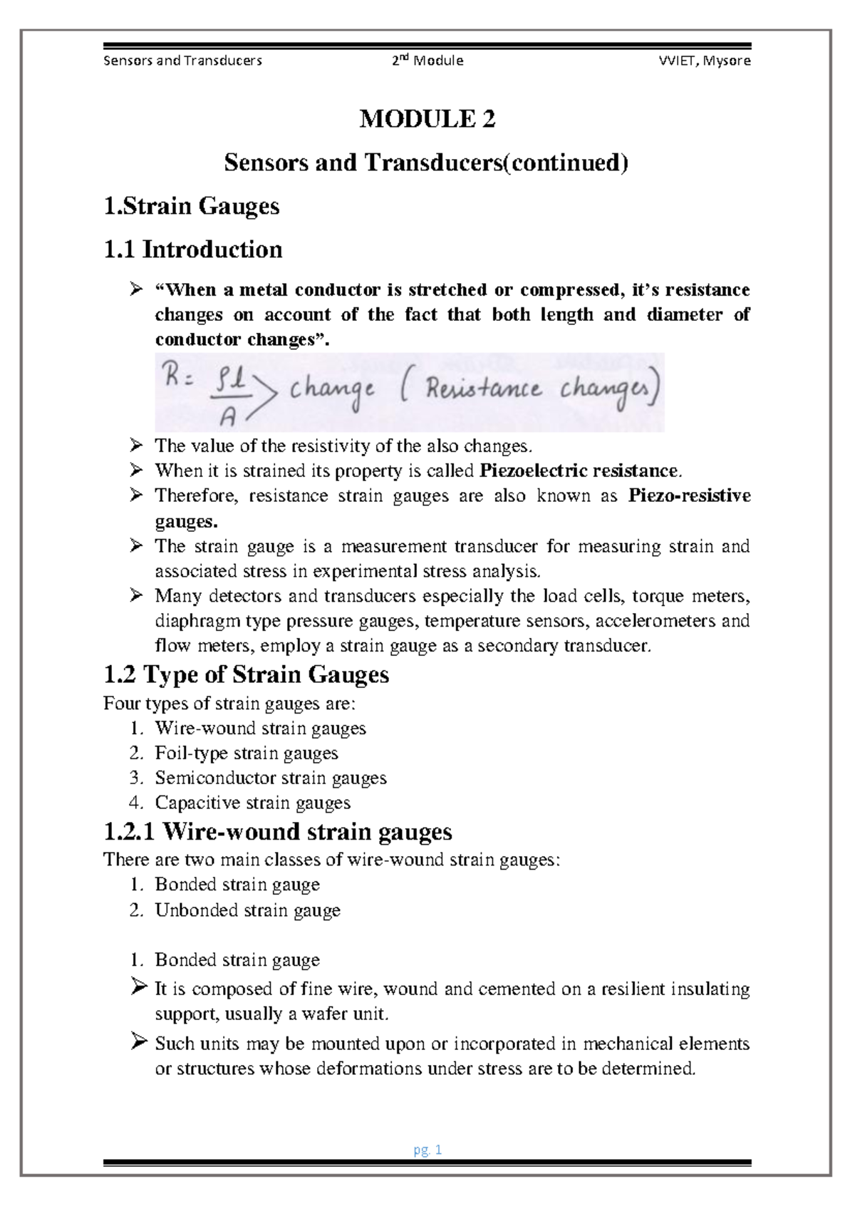 Module 2: Sensors and Transducers - Strain Gauges Overview VVIET - Studocu