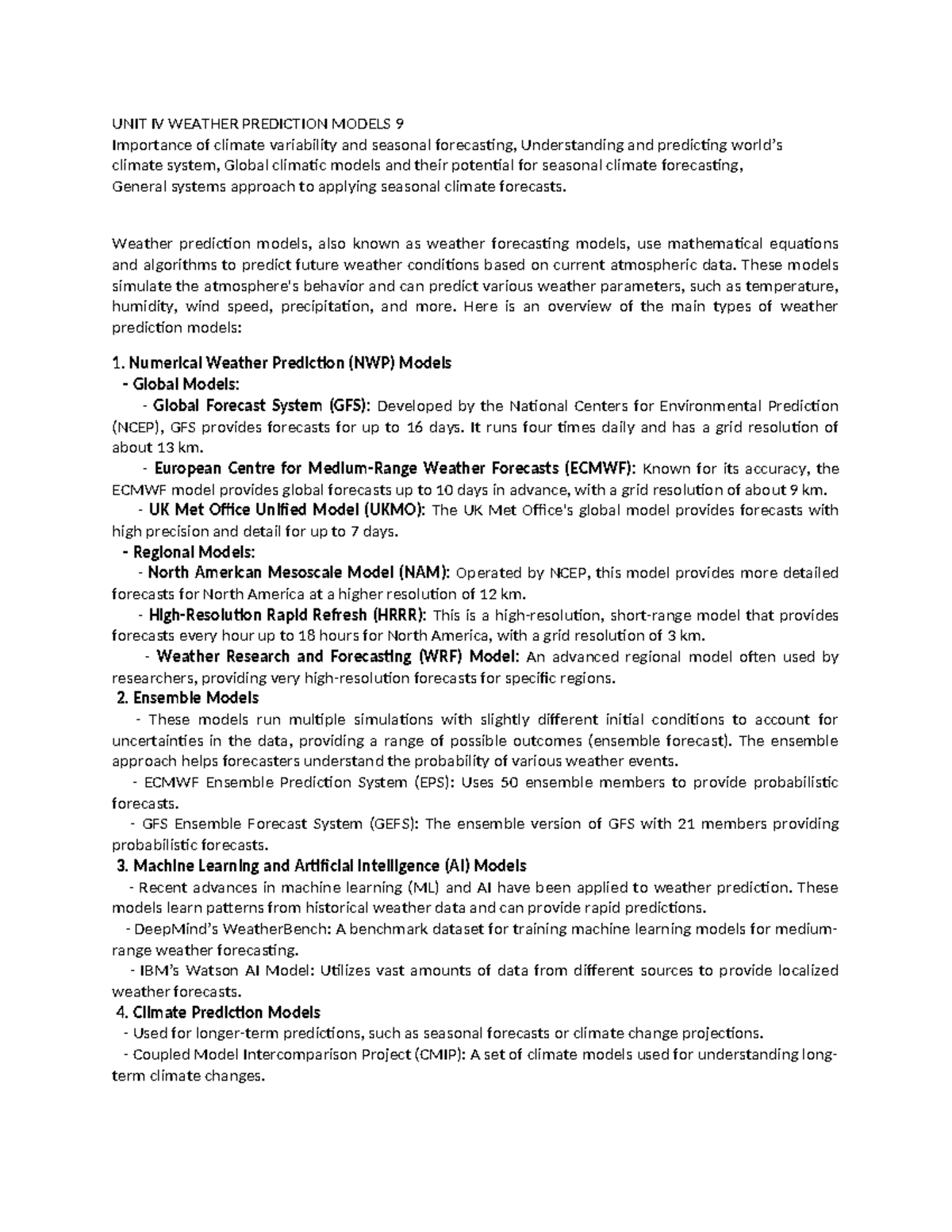 UNIT IV Weather Prediction Models: Importance of Climate Variability ...