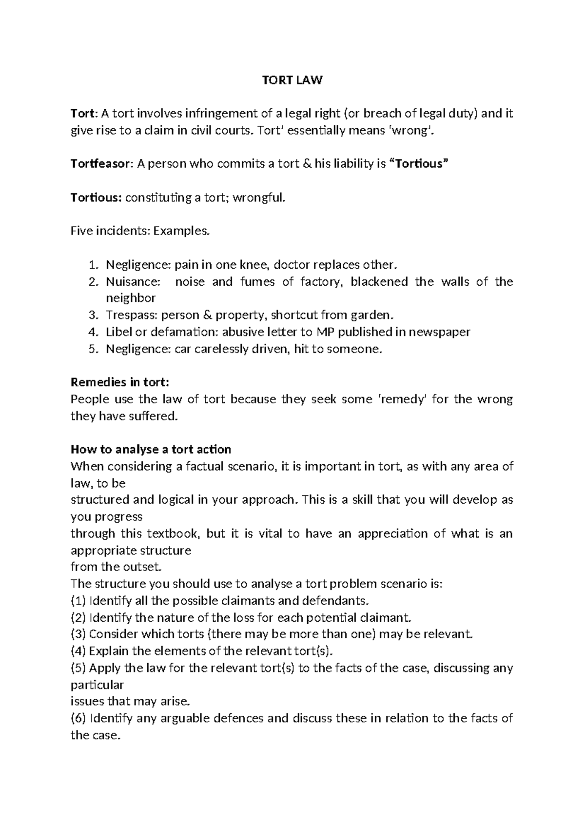 TORT LAW: Negligence and Causation Analysis Notes - Studocu