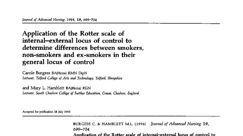 Application of the Rotter Scale: Locus of Control in Smokers vs Non ...