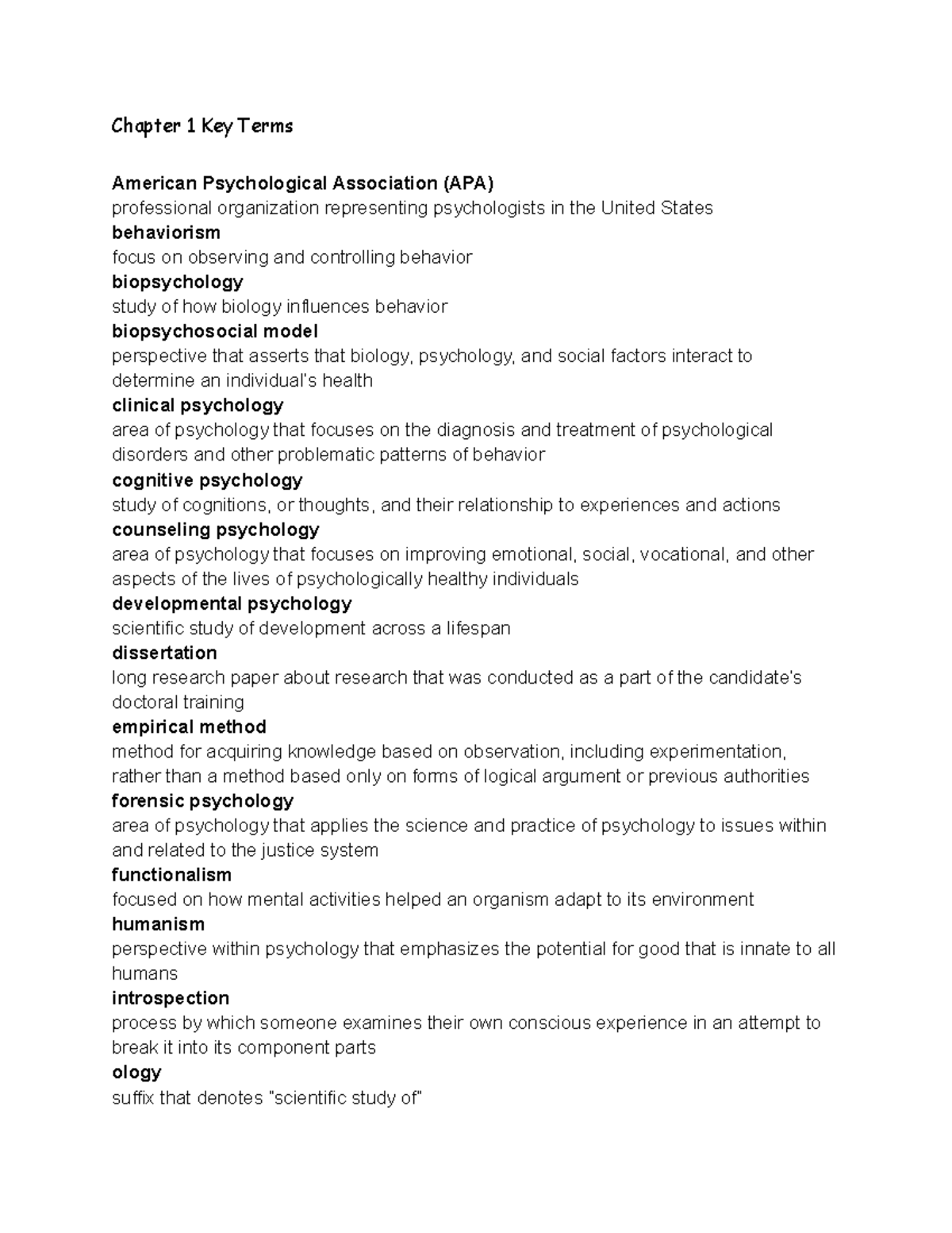 Chapter 1 Key Terms - Psychology Vocabulary Overview - Studocu