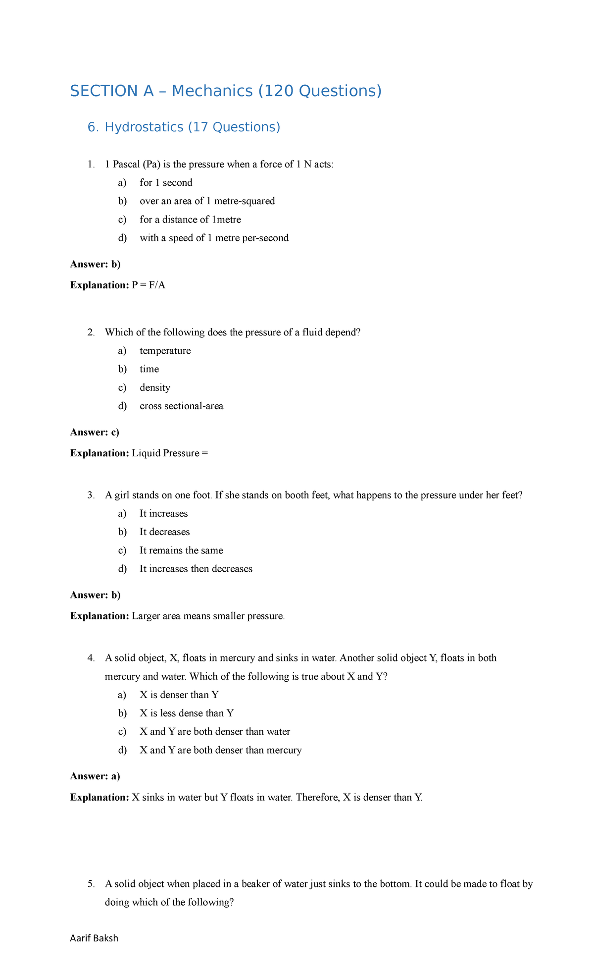 Physics A6 - Practice question and answers on Mechanics - SECTION A ...