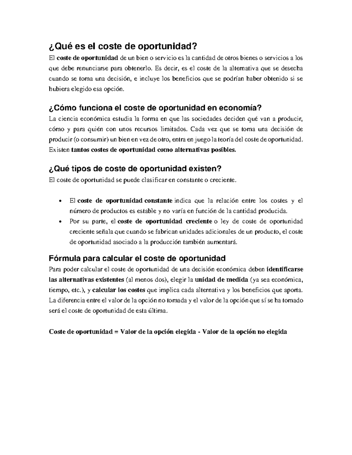 Qué es el Coste de Oportunidad en Economía: Conceptos y Tipos - Studocu