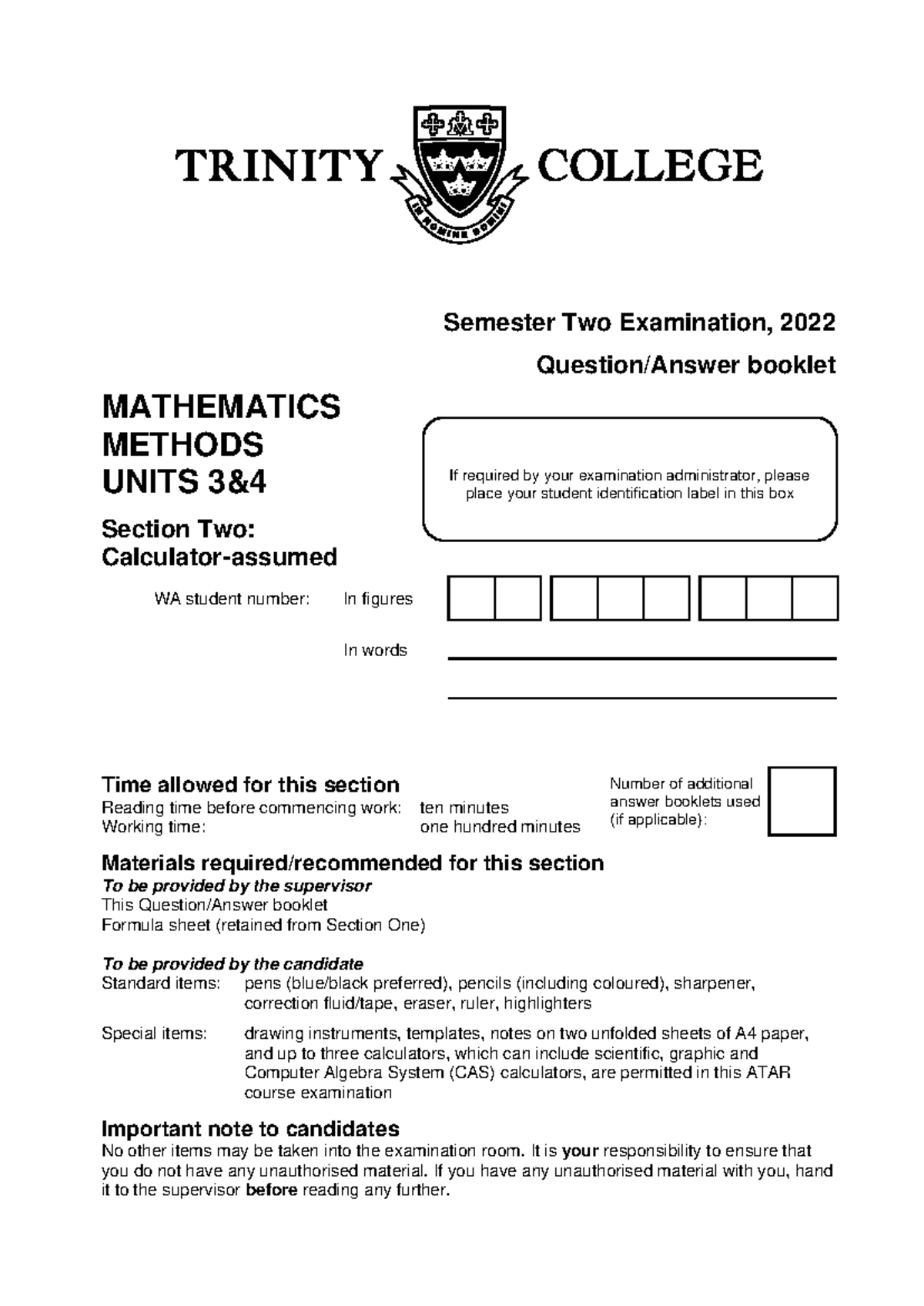 2022 Y12 Methods exam Sem 2 Calc Assumed - Semester Two Examination ...