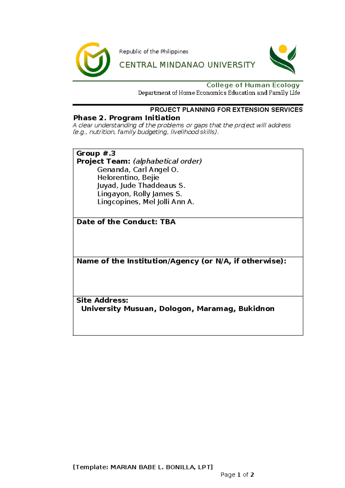 CMU Home Economics Project Planning Phase 2: Program Initiation - Studocu