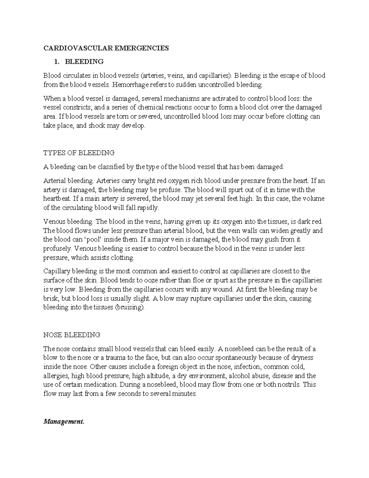 CARDIOVASCULAR EMERGENCIES: BLEEDING & HEART ATTACK NOTES - Studocu