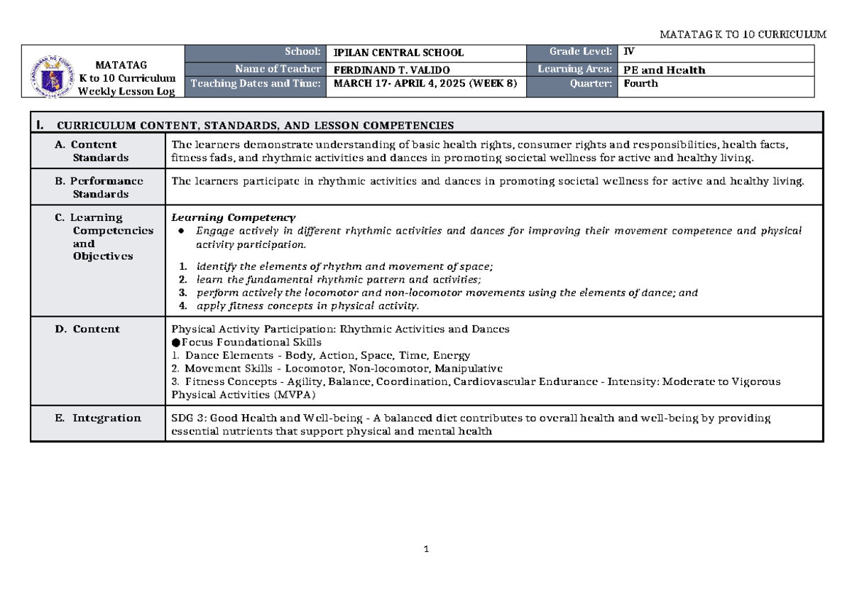 MATATAG K to 10 Curriculum: PE & Health Weekly Lesson Log (Week 8 ...