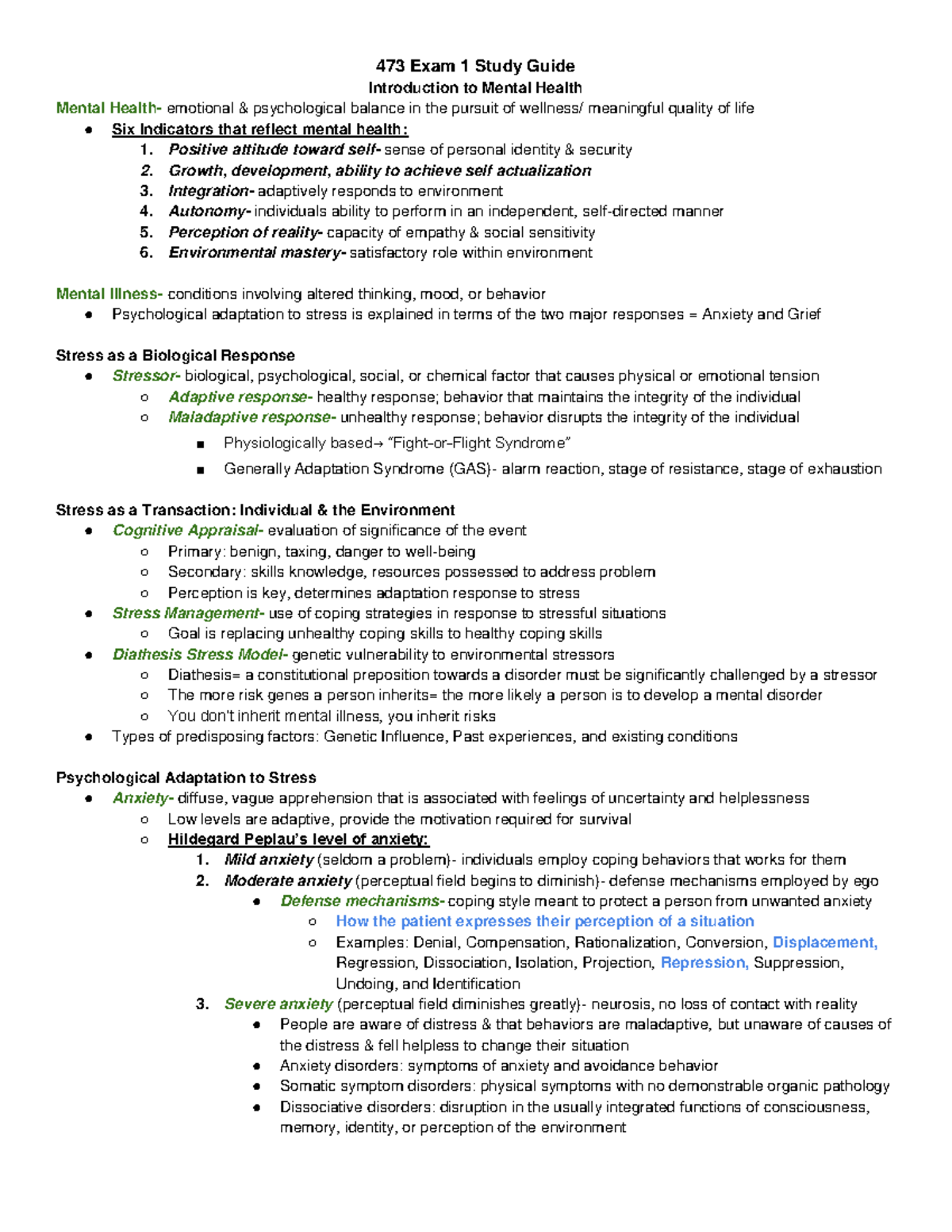 473 Exam 1 Study Guide - Key Concepts in Mental Health - Studocu